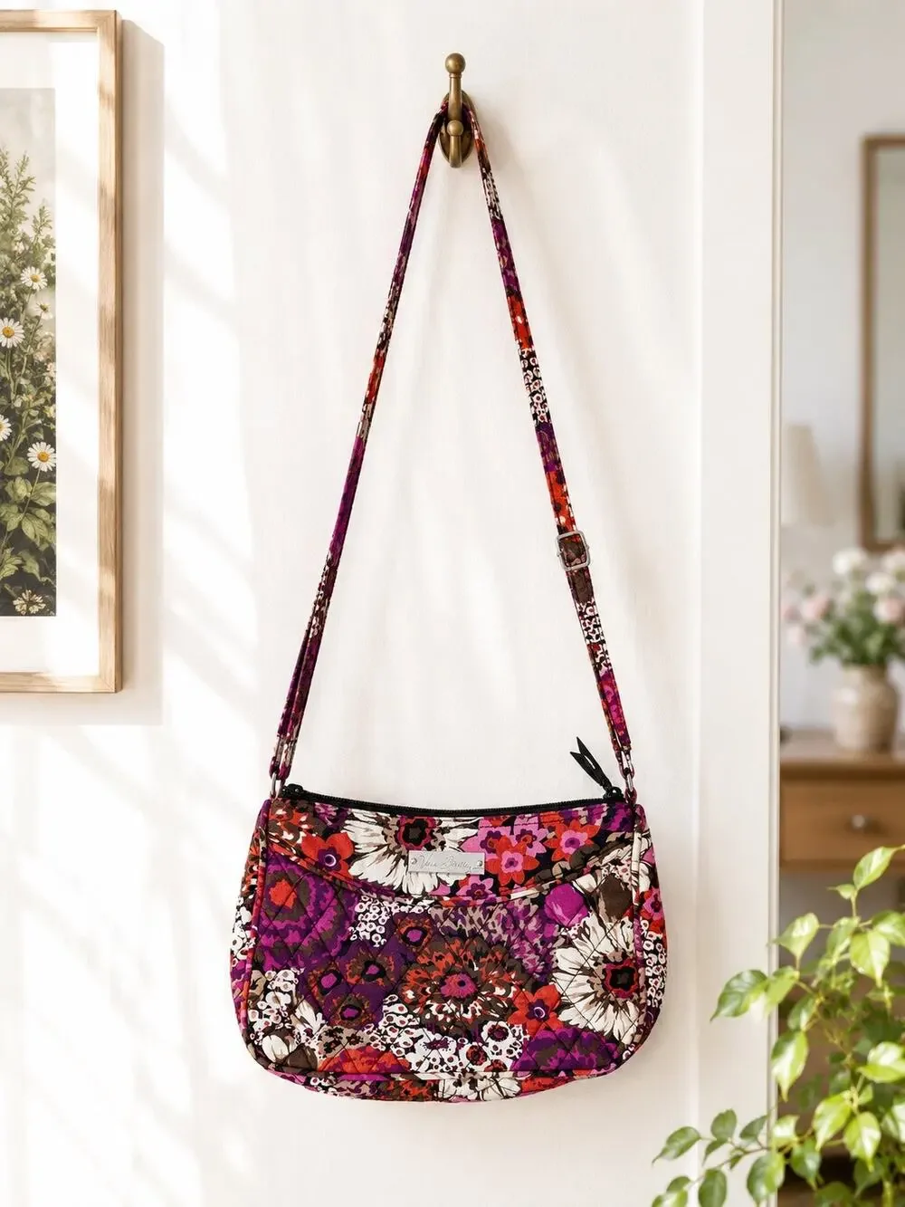 Vera Bradley Frannie Crossbody Bag Rosewood Floral Quilted Zip Purse Retired